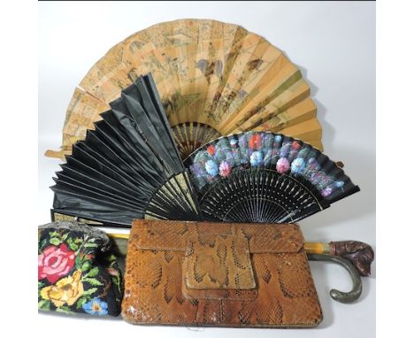 A collection of five various early 20th century continental fans, together with an early 20th century snakeskin bag, an eveni