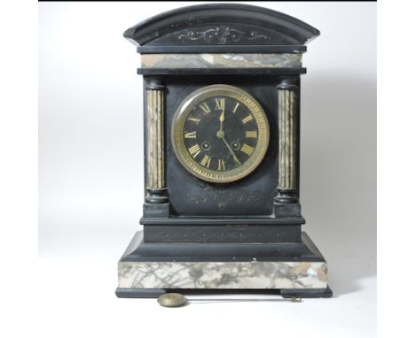 A 19th century French black slate and marble mantle clock, 36cm tall