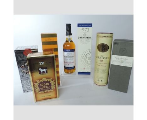 A bottle of Tullibardine, 1973 vintage collection, together with a Glenlivet 12 year, Glenkinchie lowland 10 year, and three 