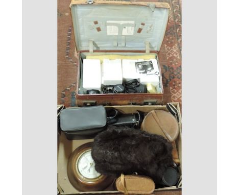 A collection of cameras, lenses, a wall barometer, a leather collar box and other items 