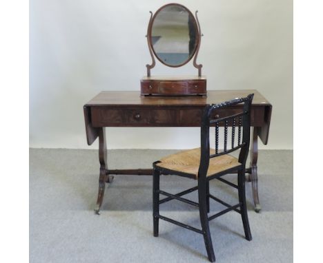 A George III mahogany and chequer strung serpentine toiletry mirror, together with a sofa table, 110cm and a rush seated chai