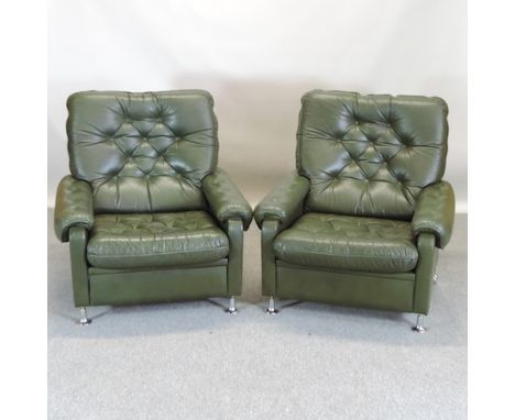 A pair of 1970's Danish green upholstered button back armchairs