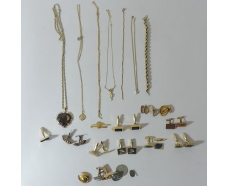 A pair of 9 carat gold cufflinks, together with a collection of other cufflinks, various chains and a tie clip