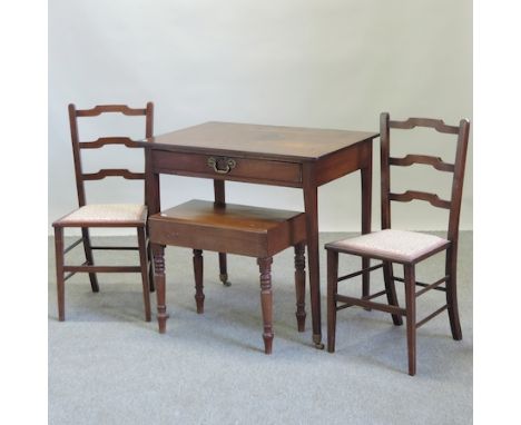 A 19th century mahogany side table, with a single drawer, 83cm,  together with a commode stool and pair of side chairs 