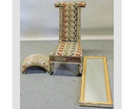 A 19th century carved wood and gilt gesso prie dieu, with a tapestry seat, together with a gilt foot stool to match and a gil