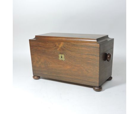 A late regency rosewood tea caddy, of sarcophagus form, 30cm