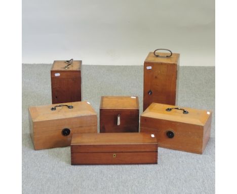 A collection of wooden microscope cases and boxes, tallest 34cm