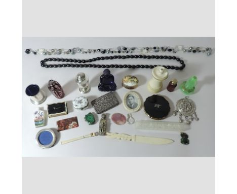 A collection of items to include perfume bottles, an enamelled matchbox holder, a pipe, trinket box etc