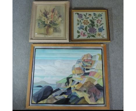 A silk patch work landscape, signed Helen Ripley, 82 x 101cm, together with a framed print and a woolwork picture of flowers 