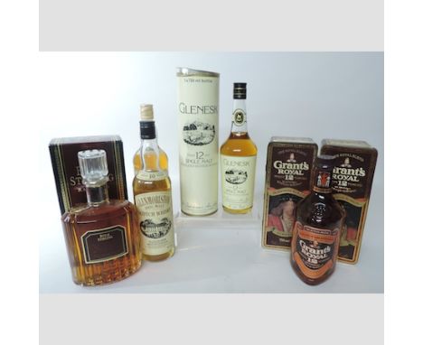 A bottle of Gleneck, 12 year old single malt whisky, together with two Grants Royal 12 year old in presentation tins, and thr