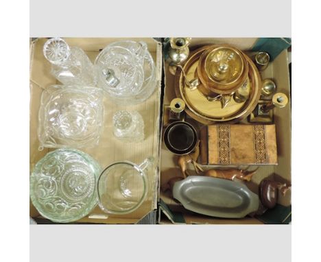 Two boxes of glassware, brass and pewter, to include an inlaid tea caddy 