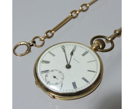 A Gintz 14 carat gold open faced pocket watch, with a white enamel dial, 4cm diameter, on a 9 carat gold chain, cased