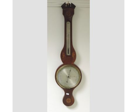 A 19th century mahogany and inlaid cased wheel barometer, the silvered dial signed F. Faveu, Lincoln, 98cm tall
