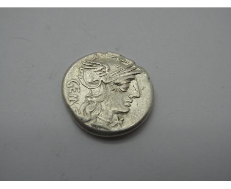 Roman Republic Silver Denarius, M Aburius M.F M.F Geminus, 132 BC, OBV: Helmeted Hd. of Roma, (XVI monogram) below chin gem b