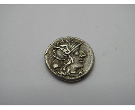 Roman Republic Silver Denarius, T. Quinctius Flainininus, 126 BC, OBV: Helmeted Hd., of Roma r., (XVI monogram) below chin, A