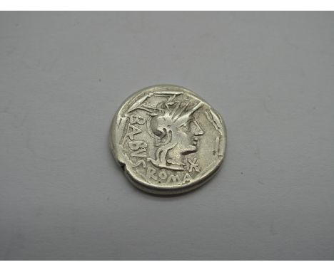 Roman Republic Silver Denarius, MN. Alilius Balbus, 125 BC, OBV: helmeted Hd. of Roma, r., (XVI monogram) below chin, BALBVS 