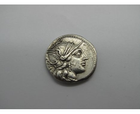 Roman Republic Silver Denarius, C. Plutius, 121 BC, OBV: Helmeted Hd. of Roma r., x behind. Rev: Discouri Galloping, r., C PL