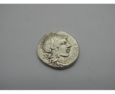 Roman Republic Silver Denarius, CN Domitius, 116-115 BC, OBV: Helmeted Hd. of Roma, r., x behind, Roma before. Rev: Jupiter i