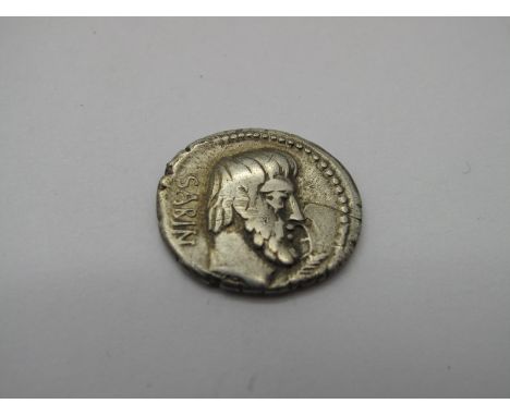 Roman Republic Silver Denarius, L. Titurius L.F. Sabinus, 89 BC, OBV: Bare Hd. of King Tatius r., bearded and palm branch bef