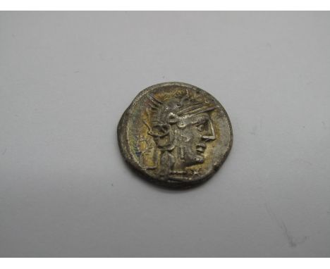 Roman Republic Silver Denarius, L. Opimius, 131 BC, OBV: Helmeted Hd., of Roma r., below chin, wreath behind. Rev: Victory in