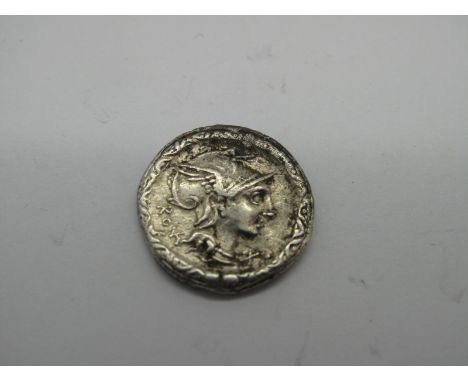 Roman Republic Plated Silver Denarius, L. Manlius Torquatus, 113-112 BC, OBV: Helmeted Hd. of  Roma r., x below chin, Roma (M
