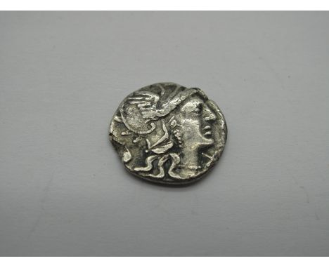 Roman Republic Silver Denarius, Sex. Pompeius, 137 BC, OBV: Helmeted Hd. of Roma, r., x below chin, Jug behind. Rev: She Wolf