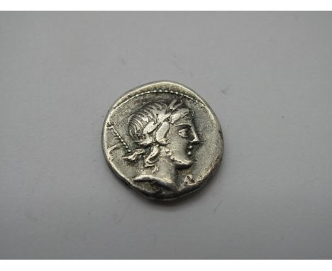 Roman Republic Silver Denarius, P. Crepusius, 82 BC, OBV: Laur. Hd. of Apollo, r., sceptre over shoulder, control letter belo