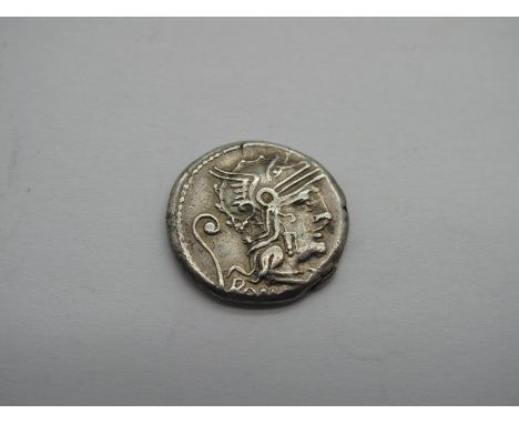 Roman Republic Silver Denarius, C. Servilius 127 BC, OBV: Helmeted Hd. of Roma, r., x below chin, Lituus behind, Roma below. 