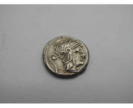 Roman Republic Silver Denarius, C. Servilius 127 BC, OBV: Helmeted Hd. of Roma, r., x below chin, Lituus behind, Roma below. 