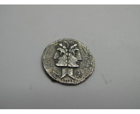 Roman Republic Silver Denarius, C. Fonteius, 114-113 BC, OBV: Beardless Laur. Janiform Hd., of Discouri, (XVI monogram) below