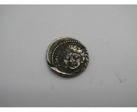 Roman Republic Silver Denarius, L. Plautius Plancus, 47 BC, OBV: Hd. of  Medusa facing L., Rev: Victory facing, her wings spr