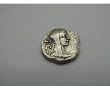 Roman Republic Silver Denarius, P. Sulpicius Glaba, 69 BC, OBV: Veiled Hd. of Vesta, SC behind. Rev: knife, simplum and axe (