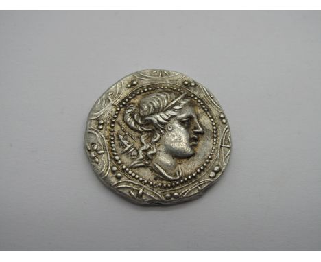 Greek Macedonia Silver Tetradrachm, City of Amphipolis, 158-149 BC, OBV: Macedonian shield, at centre is bust of Artenis Taur