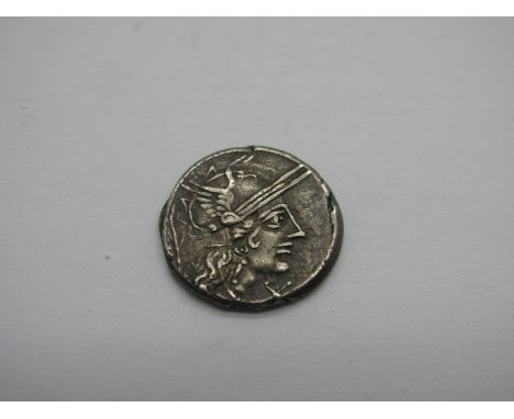 Roman Republic Silver Denarius, M. Papirius Carbo, 122 BC, OBV: Helmeted Hd. of Roma, r., x below chin, branch behind. Rev: J