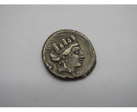 Roman Republic Silver Denarius, P. Furius Crassipes, 84 BC, OBV: Turreted Head of Cybele r., AEDCVR and a deformed foot behin