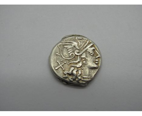 Roman Republic Silver Denarius, Decimus Flavus, 150 BC, OBV: helmeted Hd. of Roma, r., x behind. Rev: Luna in Biga r., holdin