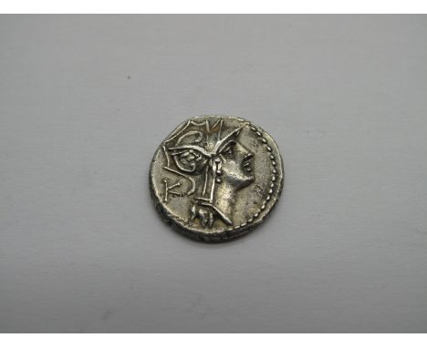 Roman Republic Silver Denarius, D. Junius L.F. Silanus, 91 BC, OBV: Helmeted Hd. of Roma, r., control letter K behind. Rev: V