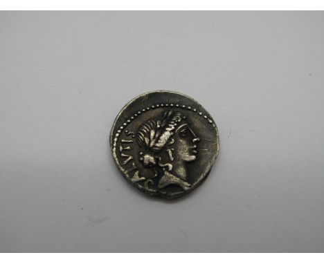 Roman Republic Silver Denarius, Man Acllius Glabrio, 49 BC, OBV: Laur. Hd. of Salus, r., Salvtis upwards and behind. Rev: MN 