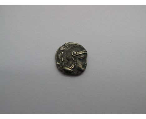 Greek Silver Diobol, Calabria - Taras, 4th Century BC. OBV: Head of Athena R, wearing crested helmet. Rev: Tapan Tinon Herakl