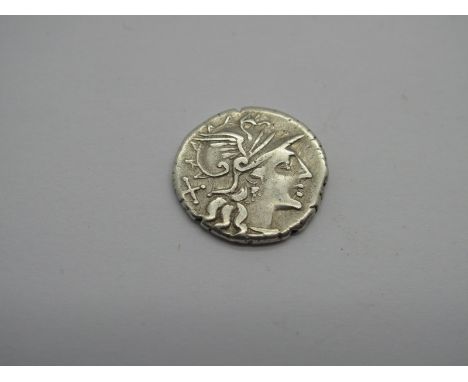 Roman Republic Silver Denarius, Decimus Flavus, 150 BV, OBV: helmeted Hd of Roma r, X behind. Ref: Luna in Biga r., holding w