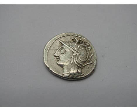 Roman Republic Silver Denarius, L. Appuleivs Saturninus, 104 BC, OBV: Helmeted Hd., of  Roma, l. Rev: Saturn in Quadriga, r.,