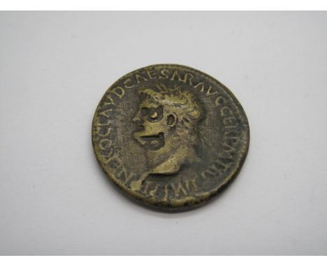 Roman Brass Dupondius, Nero, 37 AD - 68 AD, Emperor from 54 AD. OBV: IMP Nero CAESAR AVG GER PM TR P. Laur. Hd. of Nero l., (