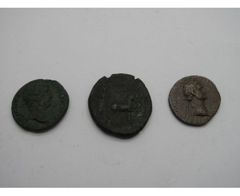 Roman Copper Domitian Sestertius, in fair condition, toned but interesting design. Hadrian Dupondius in poor condition, portr