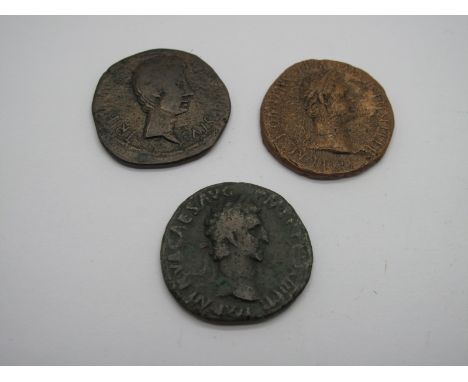 Roman AS Dupondius x 3, Augustus,  27 BC - 14 AD, in near fine condition, S.C. Nerva AS in fair condition, clear portrait Lib