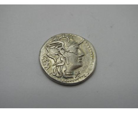 Roman Republic Silver Denarius, C. Arburius Geminvs, 134 BC, OBV: Helmeted Hd. of  Roma r., (XVI monogram)  below chin, GEM b