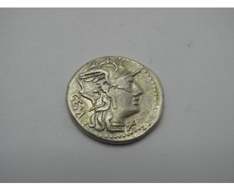 Roman Republic Silver Denarius, C. Arburius Geminvs, 134 BC, OBV: Helmeted Hd. of  Roma r., (XVI monogram)  below chin, GEM b