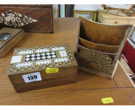 CRIBBAGE BOARD, a finely detailed cribbage board with ebony, ivory & satinwood inlay also a small brass fronted letter rack