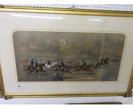 T WALSH, signed Victorian hunting water colour "Full Cry", 14" x 29"