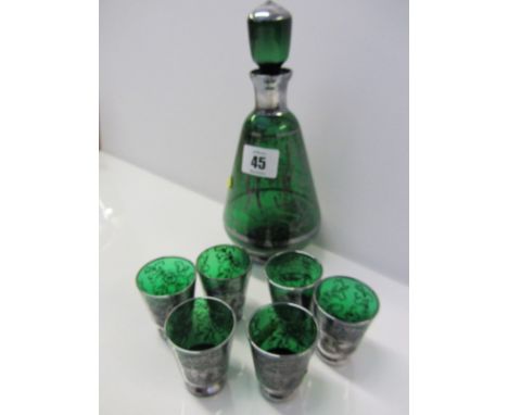 VENETIAN GLASS, silvered emerald glass decanter and 6 matching tots 