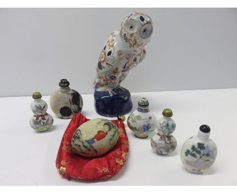 ORIENTAL CERAMICS, a collection of 5 decorated snuff bottles, also a painted ceramic egg and a reproduction owl figure